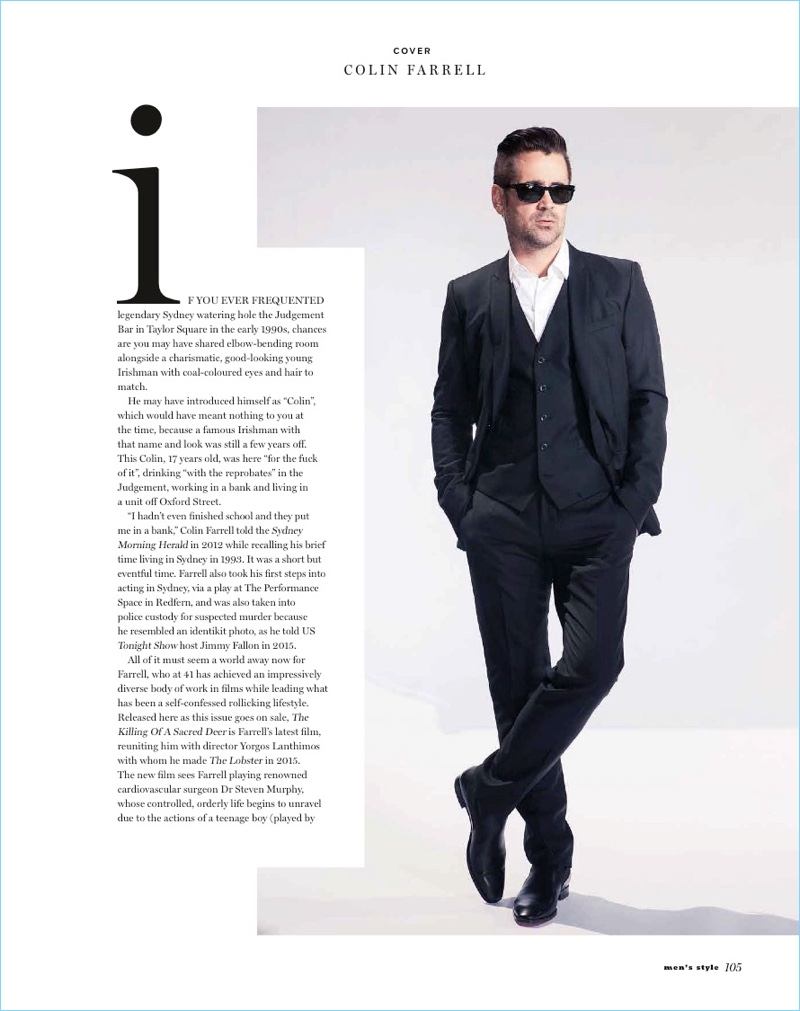 Playing it cool, Colin Farrell suits up and wears sunglasses.