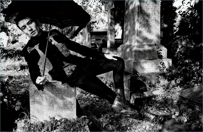 Taking to a cemetery, Ezra Miller wears a jacket and earrings by Alexander McQueen. The actor also wears an Ann Demeulemeester shirt, Dolce & Gabbana pants, and Frye boots. » Ezra Miller Covers Interview Magazine, Talks Love Taking to a cemetery, Ezra Miller wears a jacket and earrings by Alexander McQueen. The actor also wears an Ann Demeulemeester shirt, Dolce & Gabbana pants, and Frye boots.
