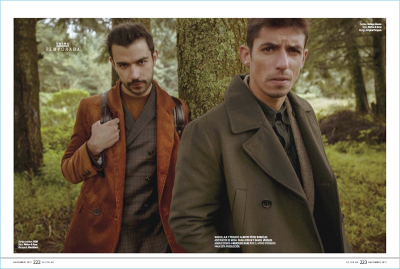 Diego Alfaro wears a H&M coat and sweater with a Montblanc backpack. He also sports a Welton & Sons suit. Alberto Guerra dons a Bottega Veneta shirt with a Welton & Sons suit, and Original Penguin coat.