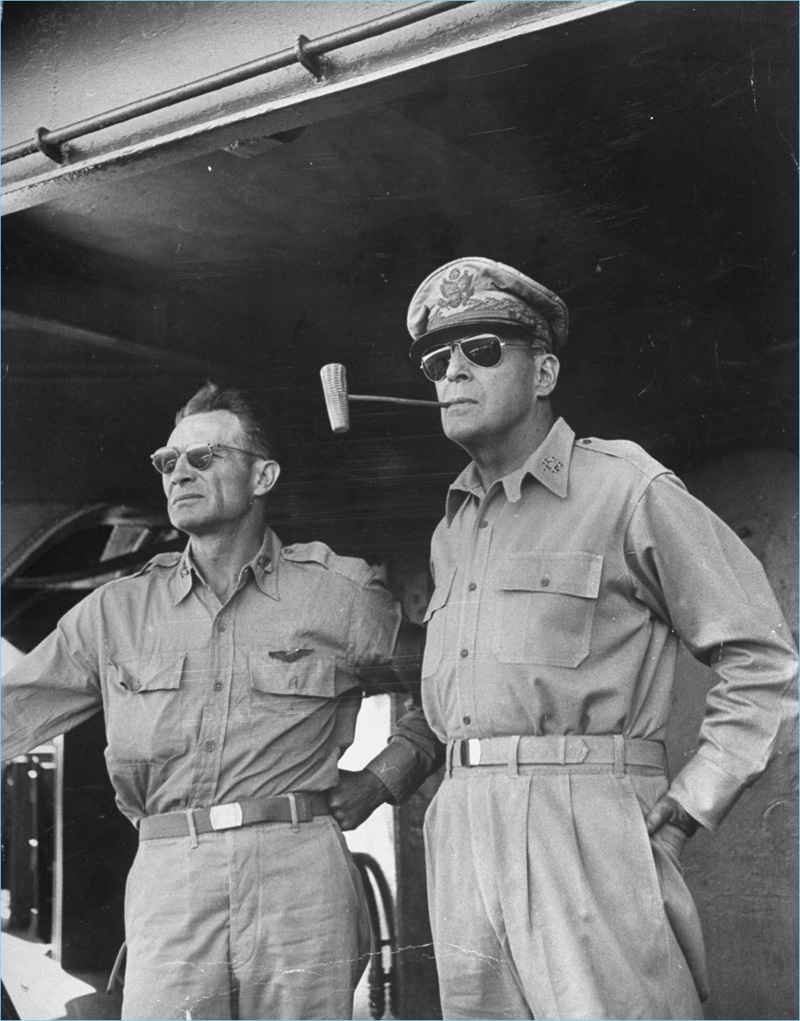 General MacArthur wears Ray-Ban aviator sunglasses.