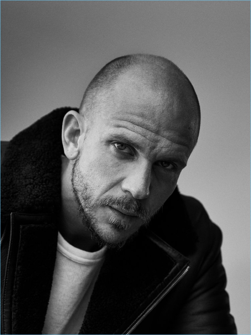 Ready for his close-up, Gustaf Skarsgård wears a Vince shirt with a Theory coat.