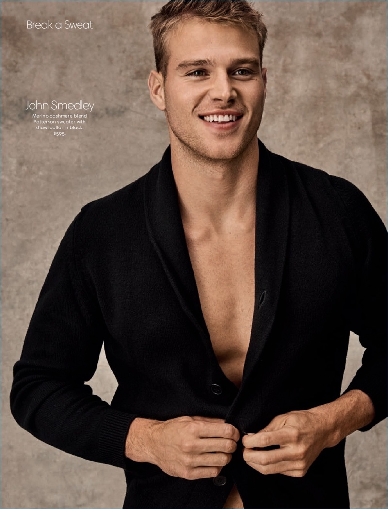 Model Matthew Noszka sports a cardigan by John Smedley.