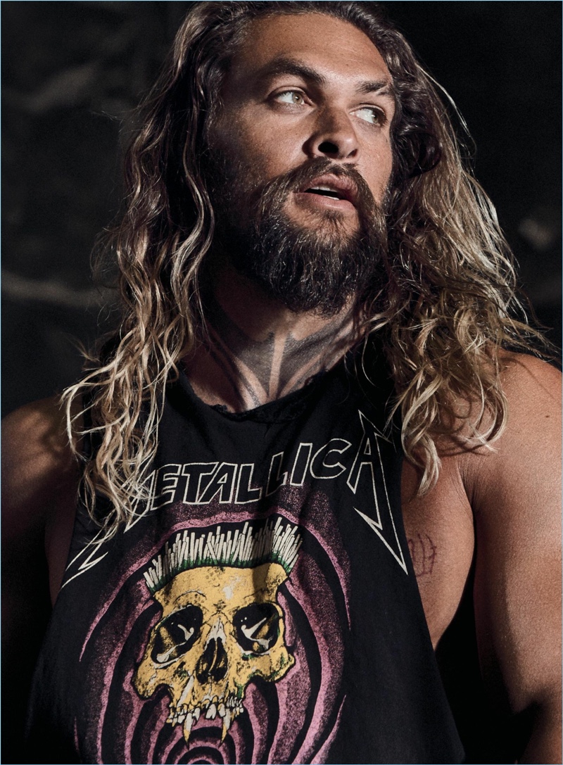 Actor Jason Momoa rocks a Metallica cut-off tee for Men’s Health.