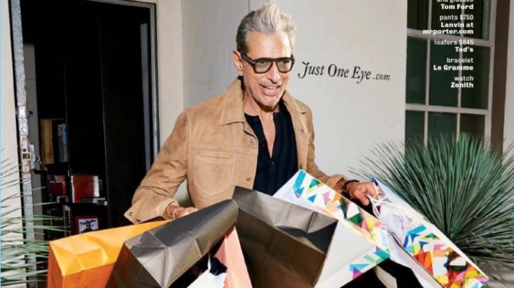 Shopping, Jeff Goldblum wears a Bottega Veneta jacket with a Tom Ford henley. Goldblum also dons Lanvin pants and Tod's loafers.