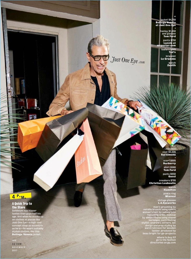 Shopping, Jeff Goldblum wears a Bottega Veneta jacket with a Tom Ford henley. Goldblum also dons Lanvin pants and Tod's loafers.