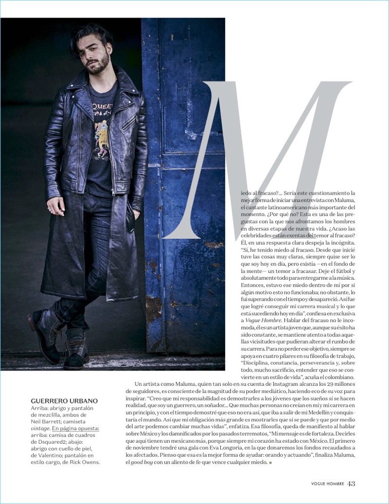 Connecting with Vogue Hombre, Maluma sports a look by Neil Barrett.