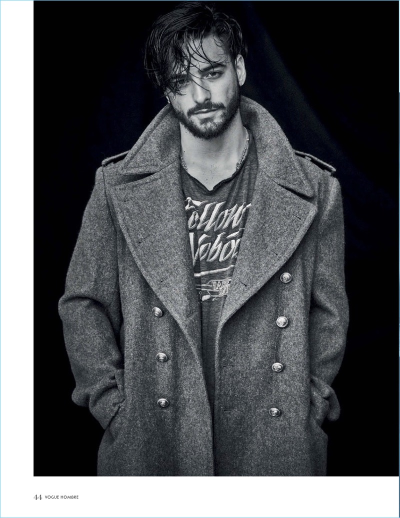 Appearing in a Vogue Hombre photo shoot, Maluma rocks a Kent & Curwen coat with a vintage shirt.