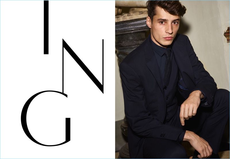 French model Adrien Sahores models eveningwear by Massimo Dutti.