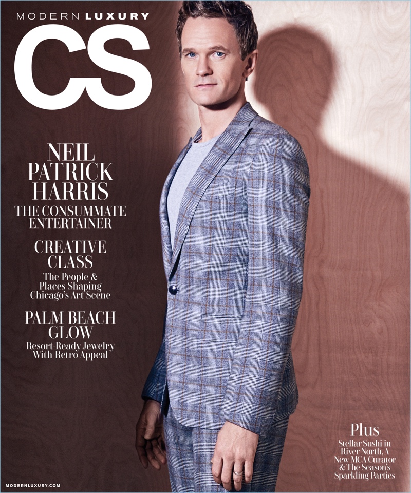 Donning a check suit, Neil Patrick Harris covers Modern Luxury CS.