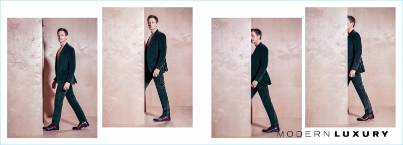 Going formal, Neil Patrick Harris wears a velvet suit jacket and pants by Todd Snyder. Harris also dons an Etro sweater and To Boot New York shoes.