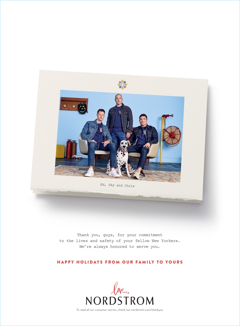 New York firefighters Sky, Ed, and Chris star in Nordstrom's holiday 2017 campaign.