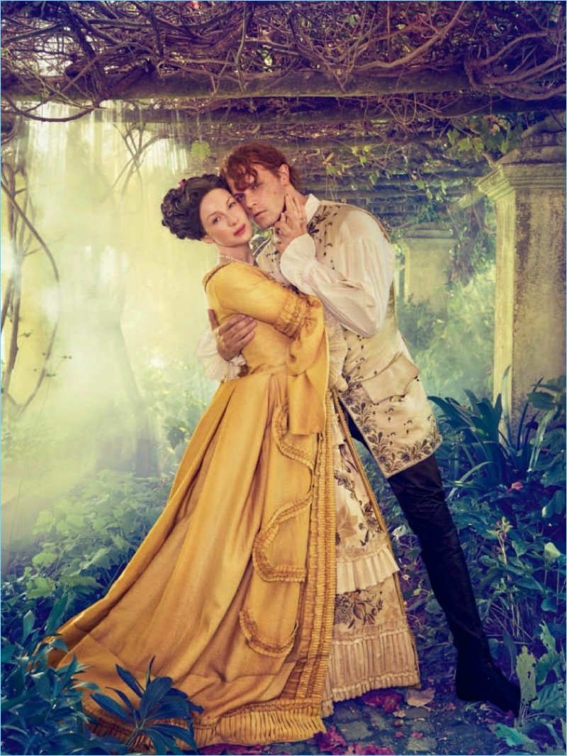 Caitriona Balfe and Sam Heughan embrace for an Entertainment Weekly photo shoot.