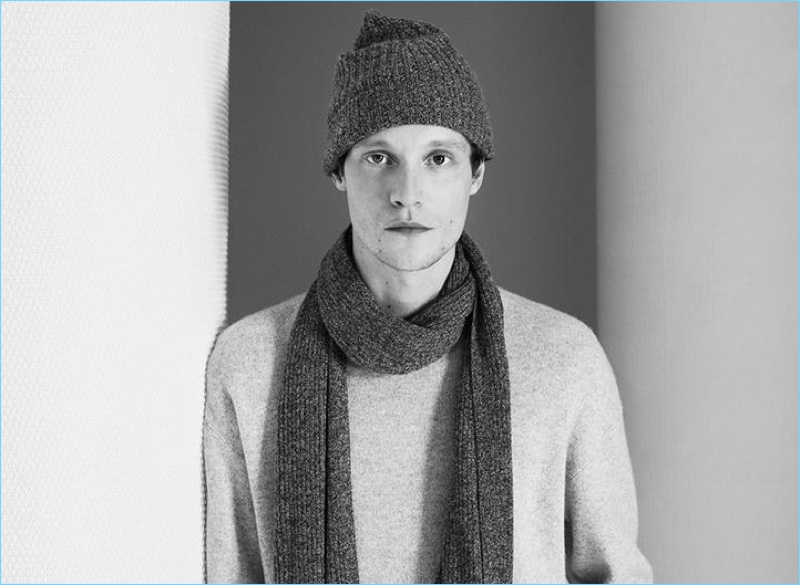 Discover Theory’s cashmere pieces with a ribbed raglan sweater, beanie, and scarf.