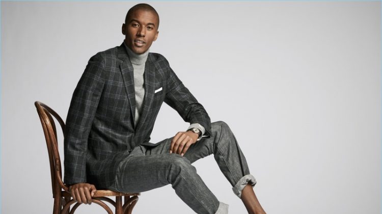 Dressed for dinner, Claudio Monteiro wears a Todd Snyder Black Label check sport coat. The top model also sports a Todd Snyder turtleneck and denim jeans. Alden dress shoes complete Claudio’s look.