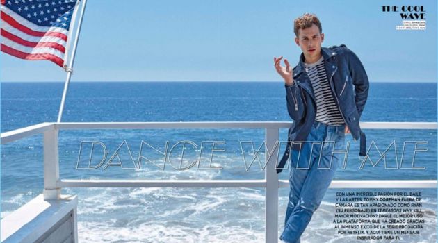 Tommy Dorfman Channels 90s Style for Seventeen México Tommy Dorfman wears a Diesel biker jacket with Barneys Cools jeans. He also sports a BDG striped tee with Vans sneakers.