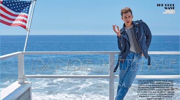 Tommy Dorfman wears a Diesel biker jacket with Barneys Cools jeans. He also sports a BDG striped tee with Vans sneakers.