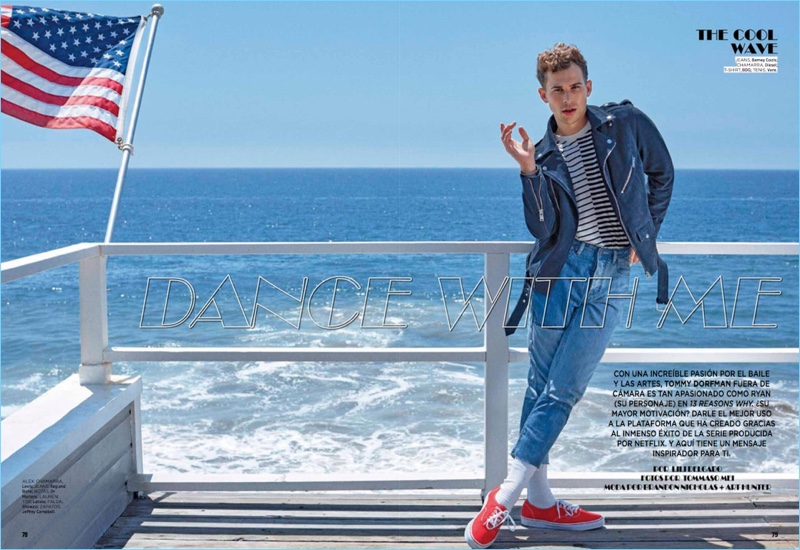 Tommy Dorfman wears a Diesel biker jacket with Barneys Cools jeans. He also sports a BDG striped tee with Vans sneakers.