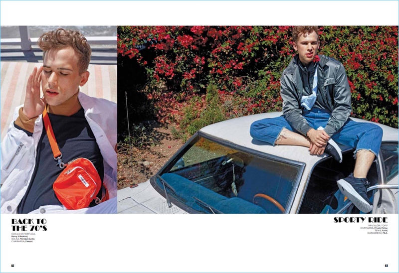 Left: Tommy Dorfman wears a Elwood jacket with a Mercy x Mankind sweater and Mondays Sucks bag. Right: Dorfman dons a Private Policy look with Puma sneakers.