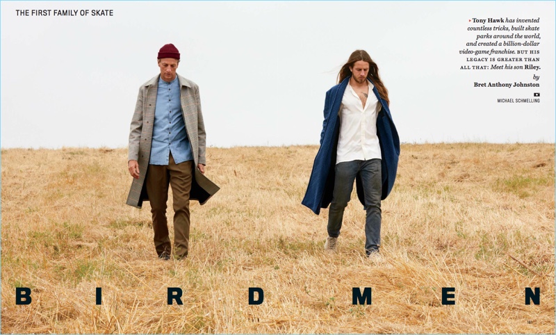 Tony and Riley Hawk star in a story for American GQ Style. Left: Tony wears a Marni coat with an Eidos shirt. He also sports Berluti pants with a Bally beanie. Right: Riley rocks an Eidos coat with a Caruso shirt. The skater wears his own Levi's jeans with Lakai sneakers.