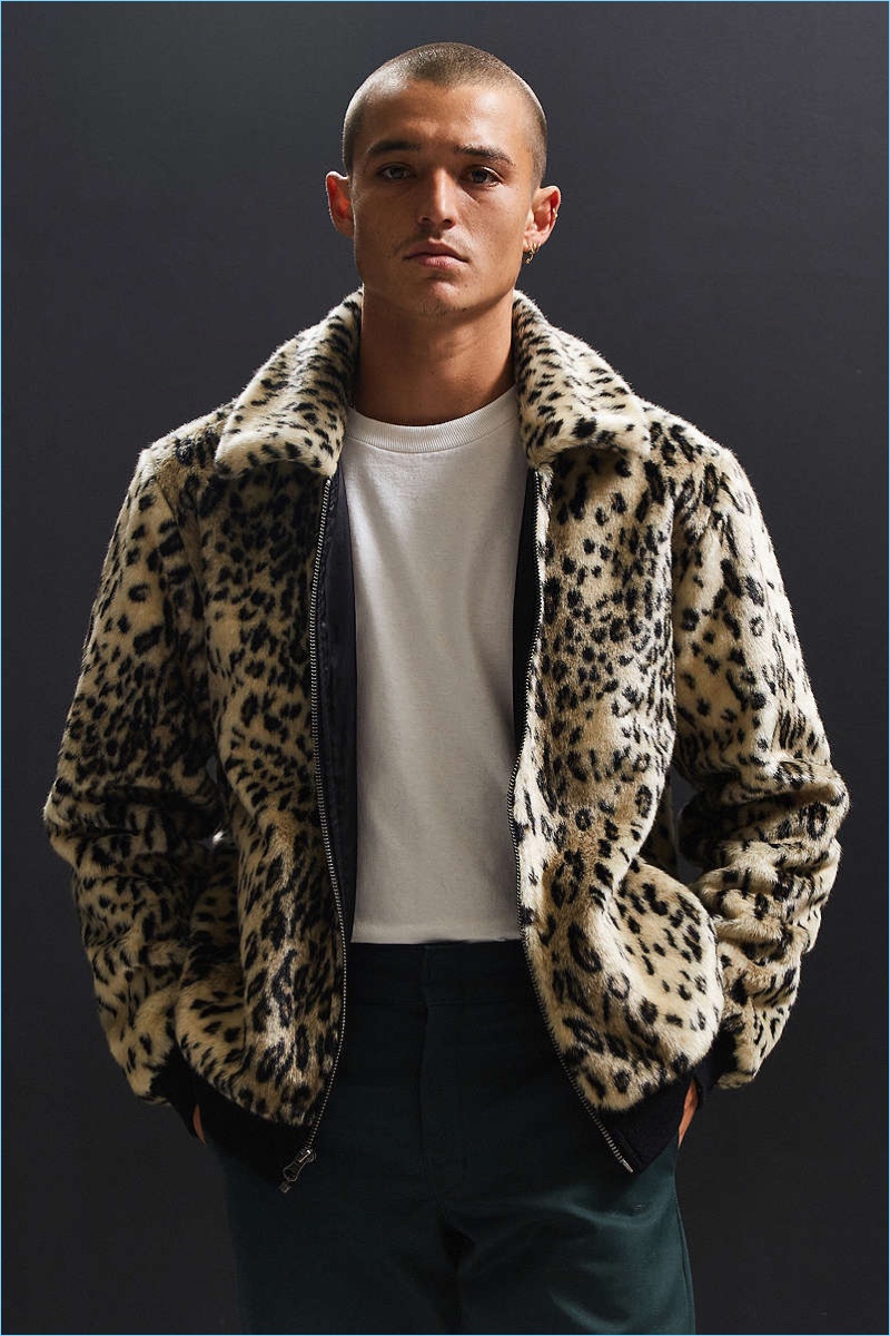 UO Faux Fur Leopard Print Bomber Jacket