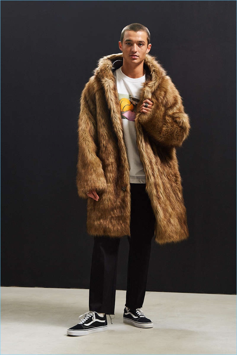 UO Hooded Long Faux Fur Coat