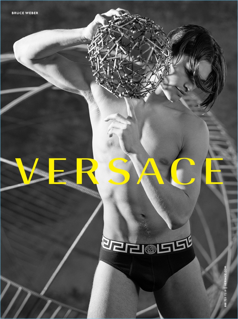 Model Michael Gioia sports underwear for Versace's fall-winter 2017 campaign.