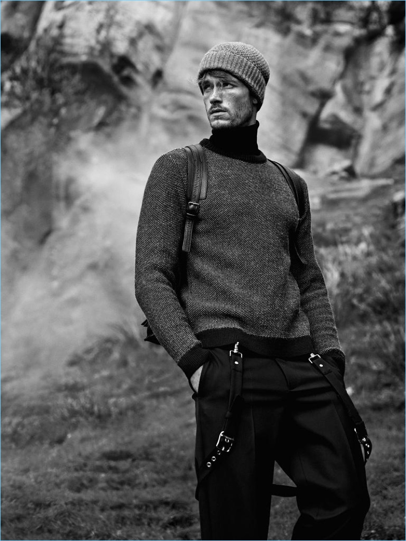 STEPHAN SCHNEIDER sweater £250; DIOR HOMME polo neck £230 and trousers £490; HUGO BOSS hat from a selection; LOEWE backpack from £1,725