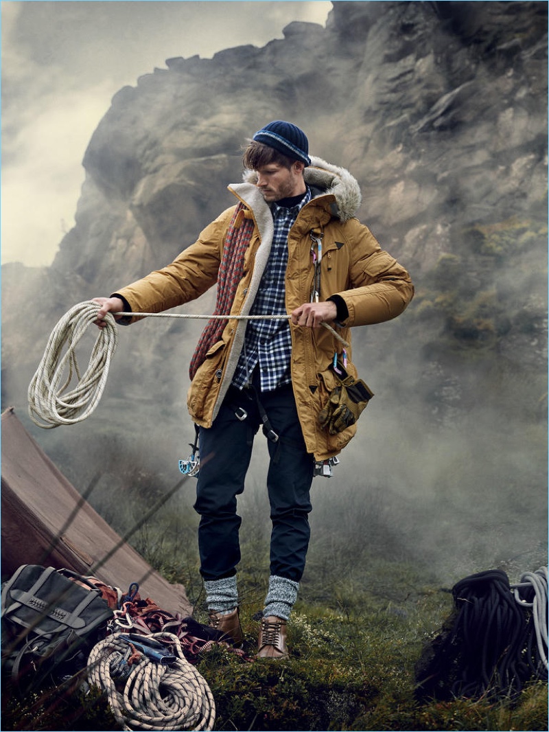 PARAJUMPERS jacket from a selection; AZTECH MOUNTAIN shirt £230; WOOYOUNGMI polo neck £485; FOLK trousers £125; BOGNER hat £140; FALKE socks £17; TOM FORD boots £990