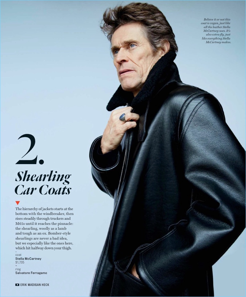 Actor Willem Dafoe sports a Stella McCartney coat with a Salvatore Ferragamo ring.