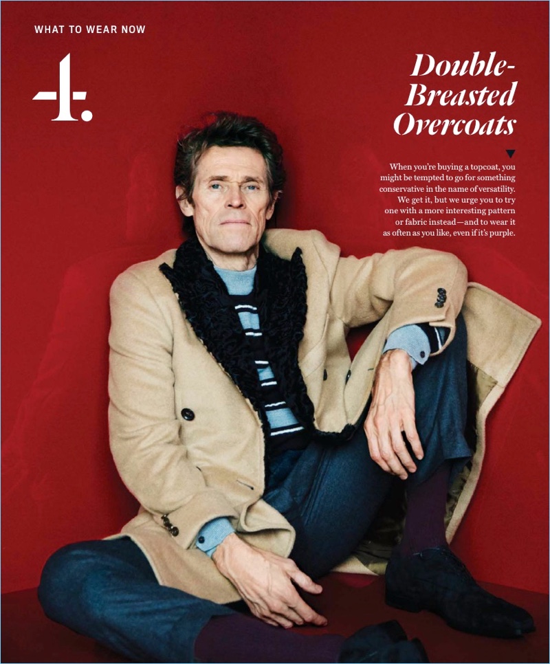Donning a Canali coat, Willem Dafoe also wears an Ermenegildo Zegna sweater. Dafoe sports Brunello Cucinelli pants with Tom Ford shoes as well.
