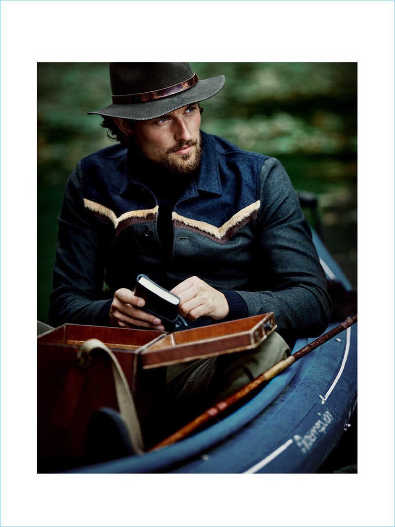 KOLOR jacket £1,240; STEPHAN SCHNEIDER sweater £250; LORO PIANA trousers, price on request; STETSON hat £129; ASPINAL OF LONDON journal £45