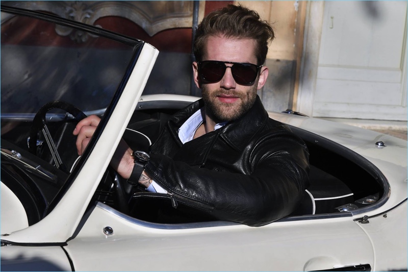 Getting behind the wheel of a vintage car, Andre Hamann films Trussardi's fragrance campaign.
