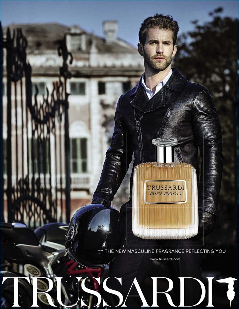 Model André Hamann fronts Trussardi's Riflesso fragrance campaign.
