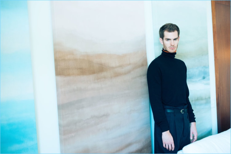 Actor Andrew Garfield dons a Dior Homme turtleneck with Haider Ackermann trousers and a Louis Vuitton belt.
