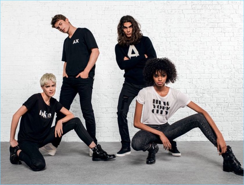 Taja Feistner, Brian Altemus, Vito Basso, and Djenice Duarte wear Armani Exchange denim.