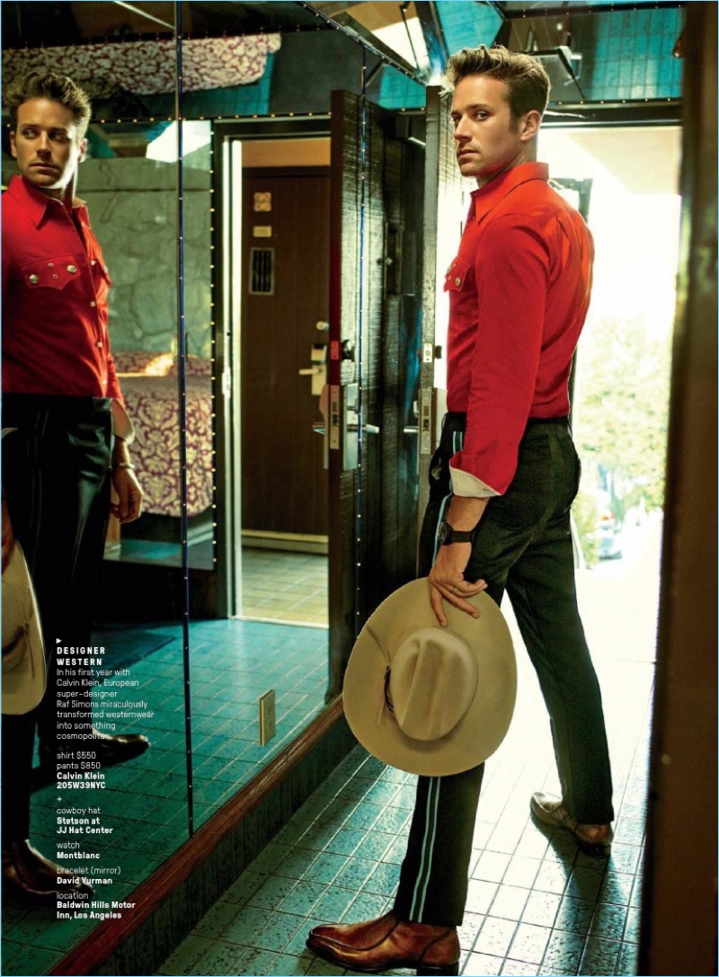Armie Hammer embraces western style in a shirt and pants by Calvin Klein. He also takes hold of a Stetson cowboy hat and Montblanc watch. » Armie Hammer Sports Trends for GQ Shoot, Talks Indie Move Armie Hammer embraces western style in a shirt and pants by Calvin Klein. He also takes hold of a Stetson cowboy hat and Montblanc watch.