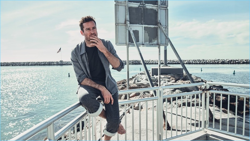 American actor Armie Hammer wears a Joseph overshirt with a NN07 t-shirt, and Beams sweatpants.