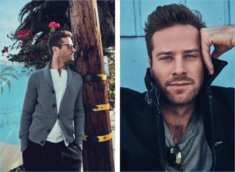 Left: Armie Hammer wears a Tom Ford cardigan and t-shirt. The American actor also sports AMI trousers and Oliver Peoples sunglasses. Right: Hammer rocks a Comme des Garçons SHIRT jacket and Schiesser t-shirt.