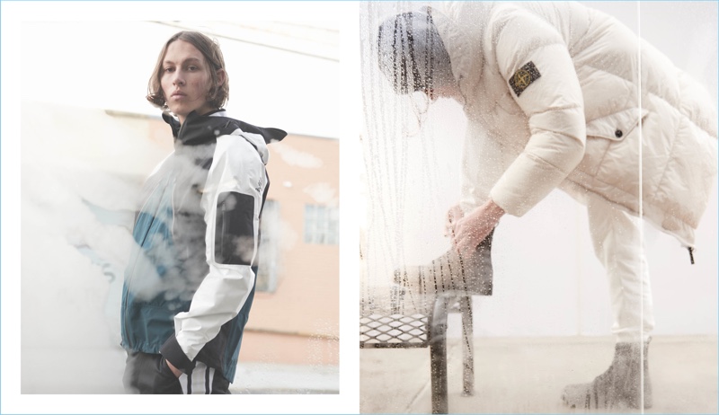 Left: Sporty style reigns with an Aztech Mountain hooded jacket and Reebok track jacket. Right: Enjoy a white-out with a Stone Island XO Barneys New York parka and jogger pants. The look comes together with Timberland boots.