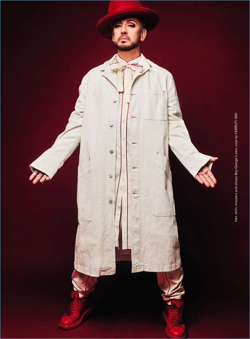 Front and center, Boy George wears a coat by Cerruti 1881 with his own clothes and accessories.