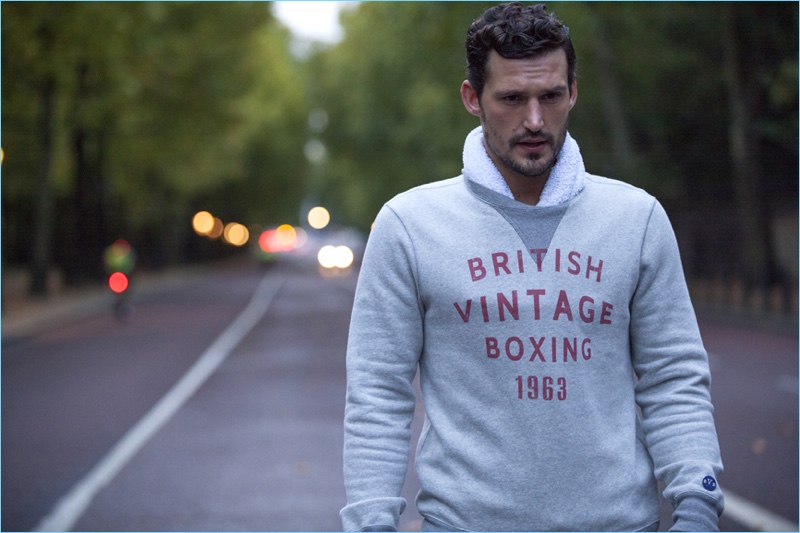 Sam Webb connects with British Vintage Boxing to model its heritage sweatshirt.