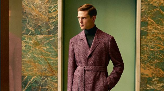 Donning a sleek coat, Mathias Lauridsen connects with Canali for fall-winter 2017.
