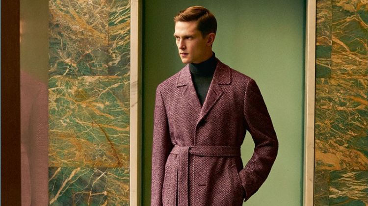 Donning a sleek coat, Mathias Lauridsen connects with Canali for fall-winter 2017.