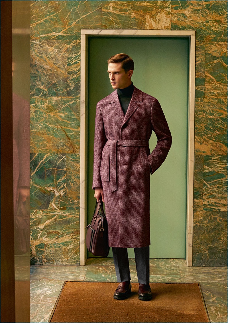Donning a sleek coat, Mathias Lauridsen connects with Canali for fall-winter 2017.
