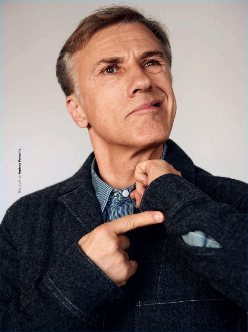 Starring in an Esquire España photo shoot, Christoph Waltz wears a look by Andrea Pompilio.