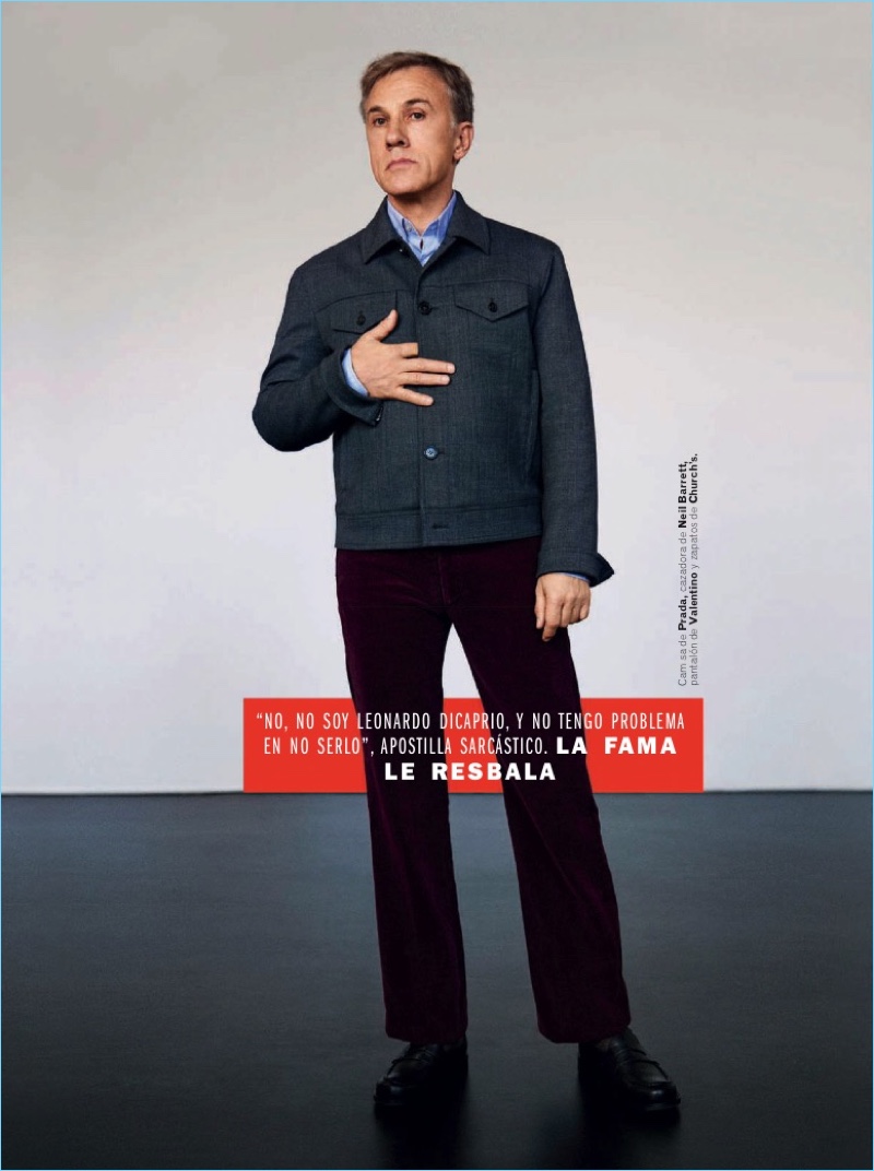 Front and center, Christoph Waltz dons a Prada jacket with a Neil Barrett shirt. He also wears Valentino trousers and Church's shoes. » Christoph Waltz Covers Esquire España, Talks Quentin Tarantino Front and center, Christoph Waltz dons a Prada jacket with a Neil Barrett shirt. He also wears Valentino trousers and Church's shoes.