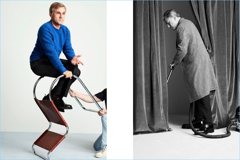 Left: Christoph Waltz wears a Rag & Bone sweater with Prada trousers and AMI shoes. Right: Waltz sports a Jil Sander trousers and AMI shoes.