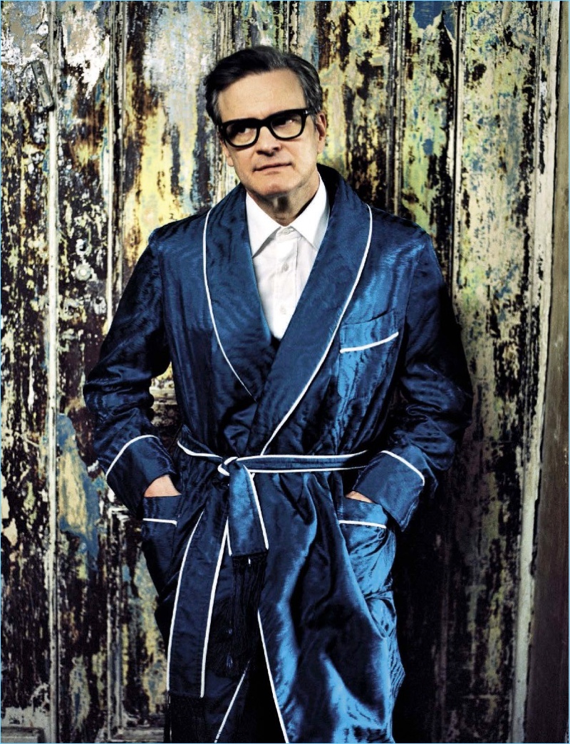 Actor Colin Firth lounges in a silk robe by Tom Ford.