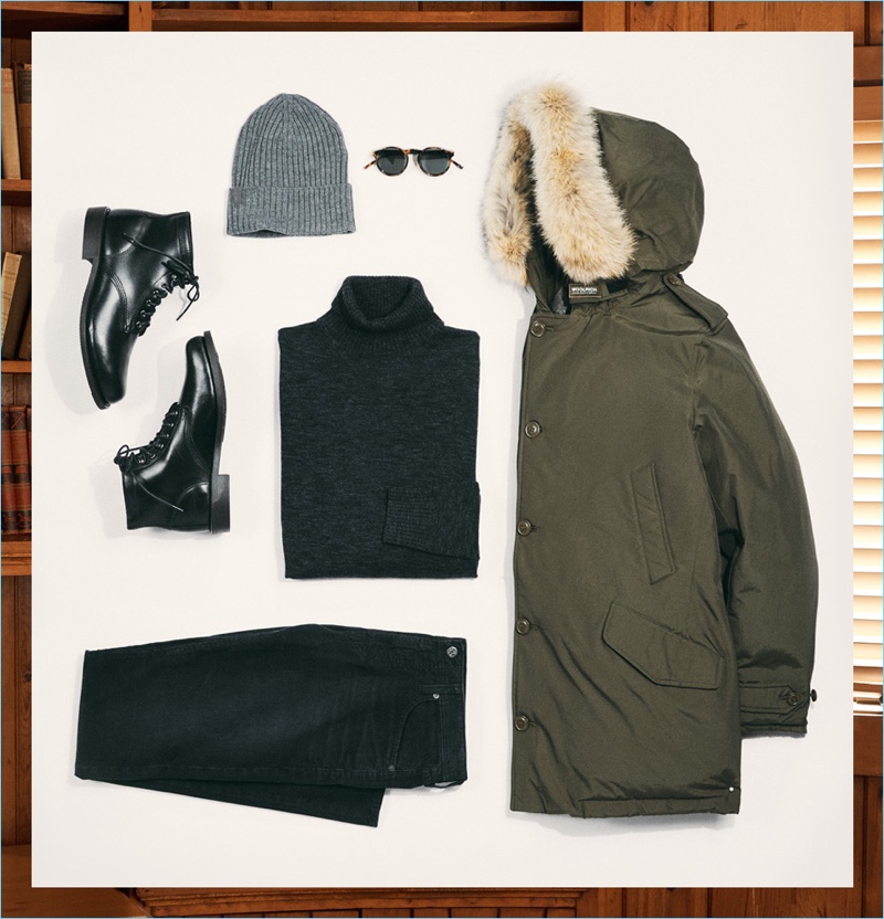 The Family Get Together: Le Specs Cubanos sunglasses, Arc'Teryx beanie, Wolverine 1883 boots, AG denim jeans, Club Monaco turtleneck, and Woolrich John Rich & Bros. parka.