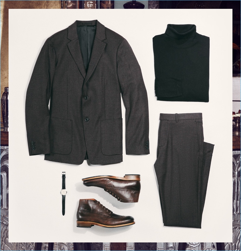 The Cocktail Party: Uniform Wares C35 watch, Wolverine 1000 boots, Theory turtleneck, and suit.